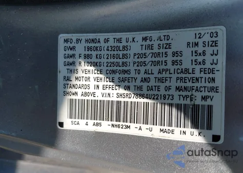 2004 Honda Cr-V Ex z USA, uszkodzony, nr VIN SHSRD78864U221973